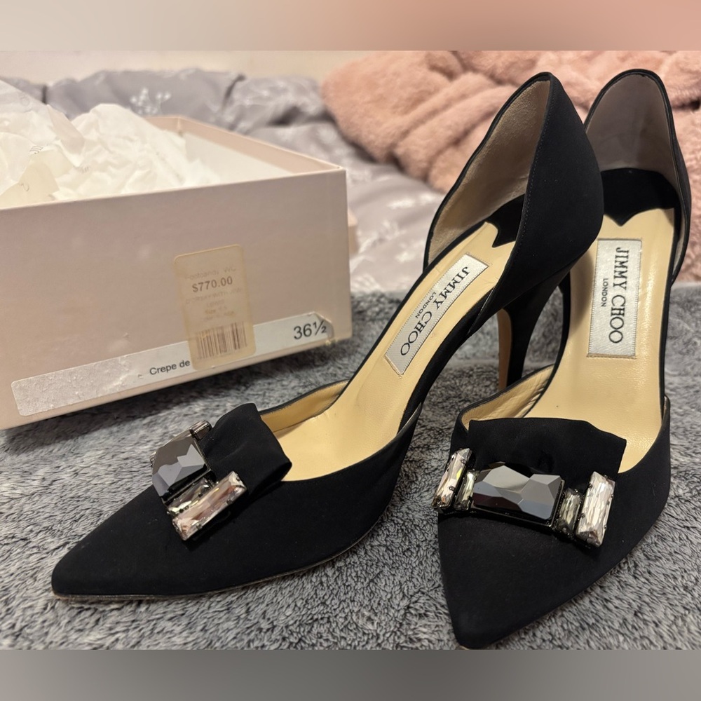 JIMMY CHOO Black Satin Embellished Pumps